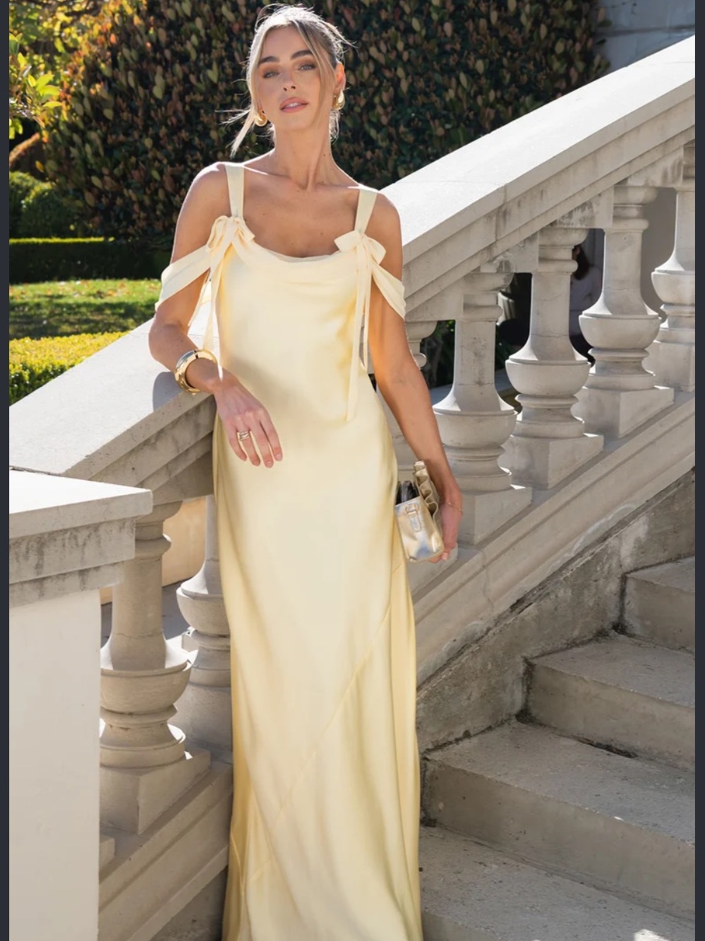 Show Me Your Mumu Yellow Satin Maxi Dress with Tie-Strap Shoulders